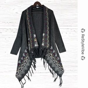 EYESHADOW Women’s Size L Sweater Cardigan South Western Fringe Style Open Front